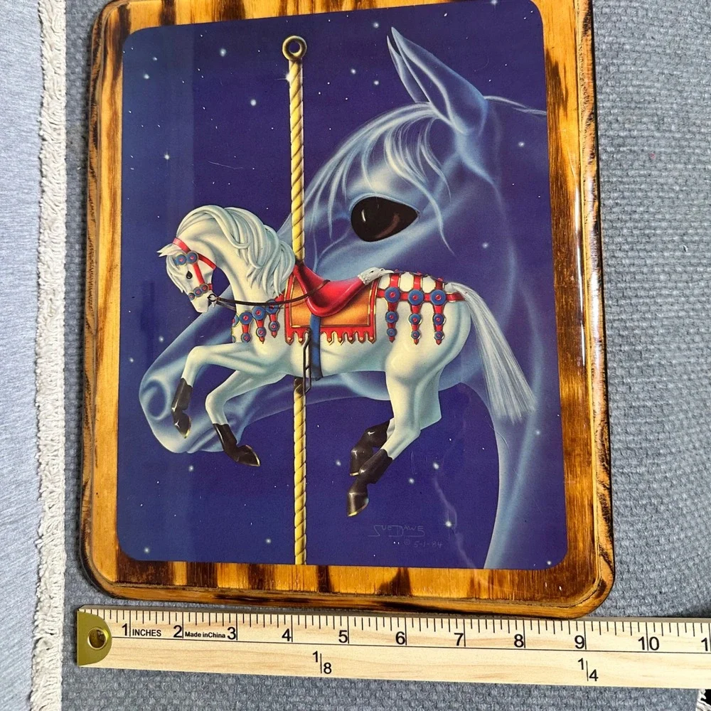 Vintage 1984 Sue Dawe Carousel Horse Wood Wall Art Plaque Fantasy Starry Night